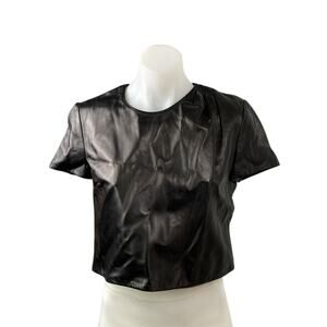 Burberry Women's Black Faux Leather Crew Neck Short Sleeve Crop T-shirt Top Sz 4